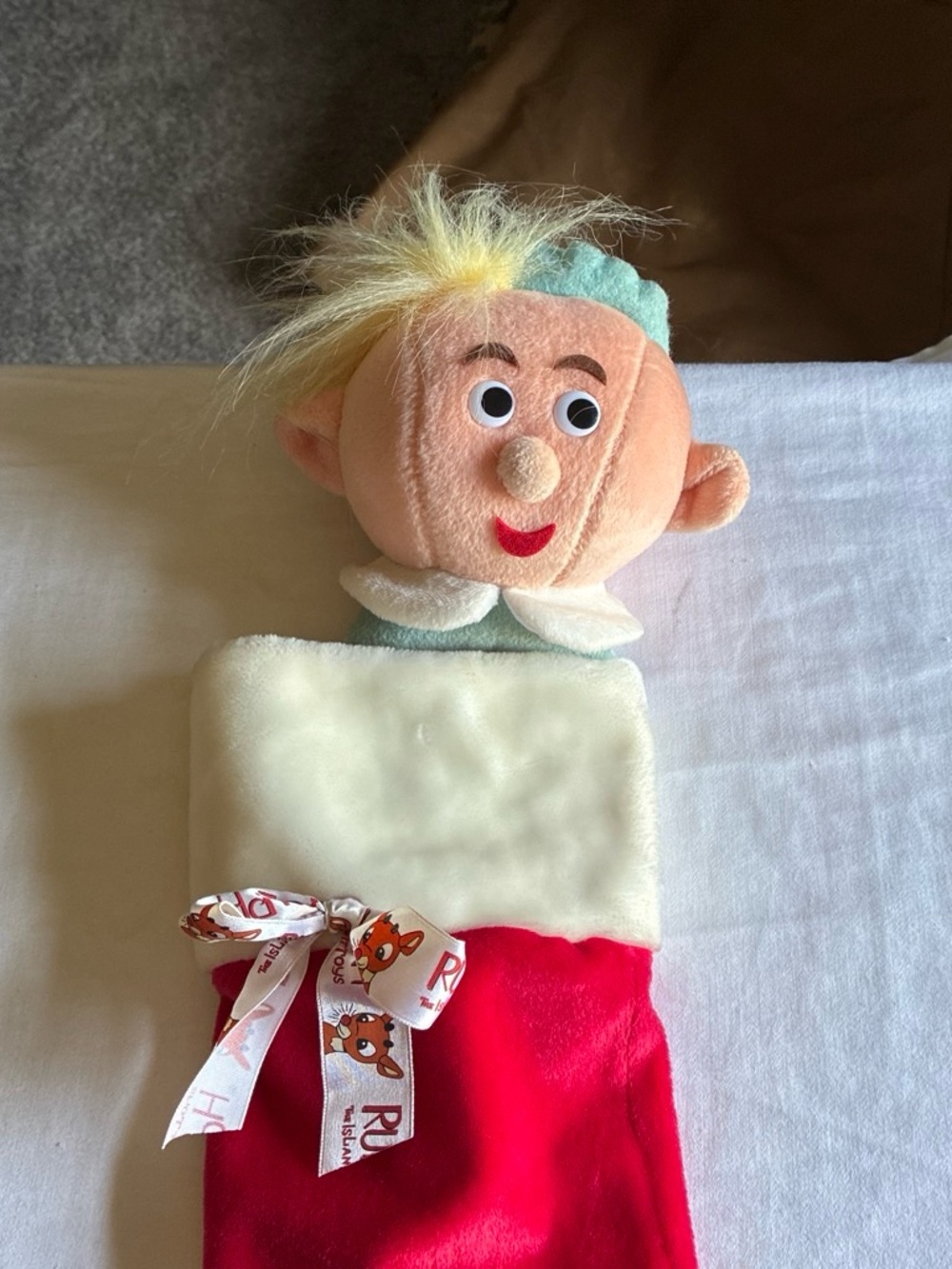 Plush Elf Holiday Stocking in Red, Cream and Peach